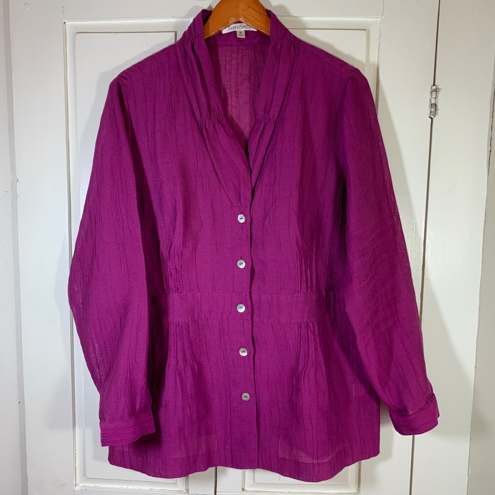 TravelSmith Magenta Rayon Linen Blend Pleated Crinkle‎ Tunic Blouse XL Womens